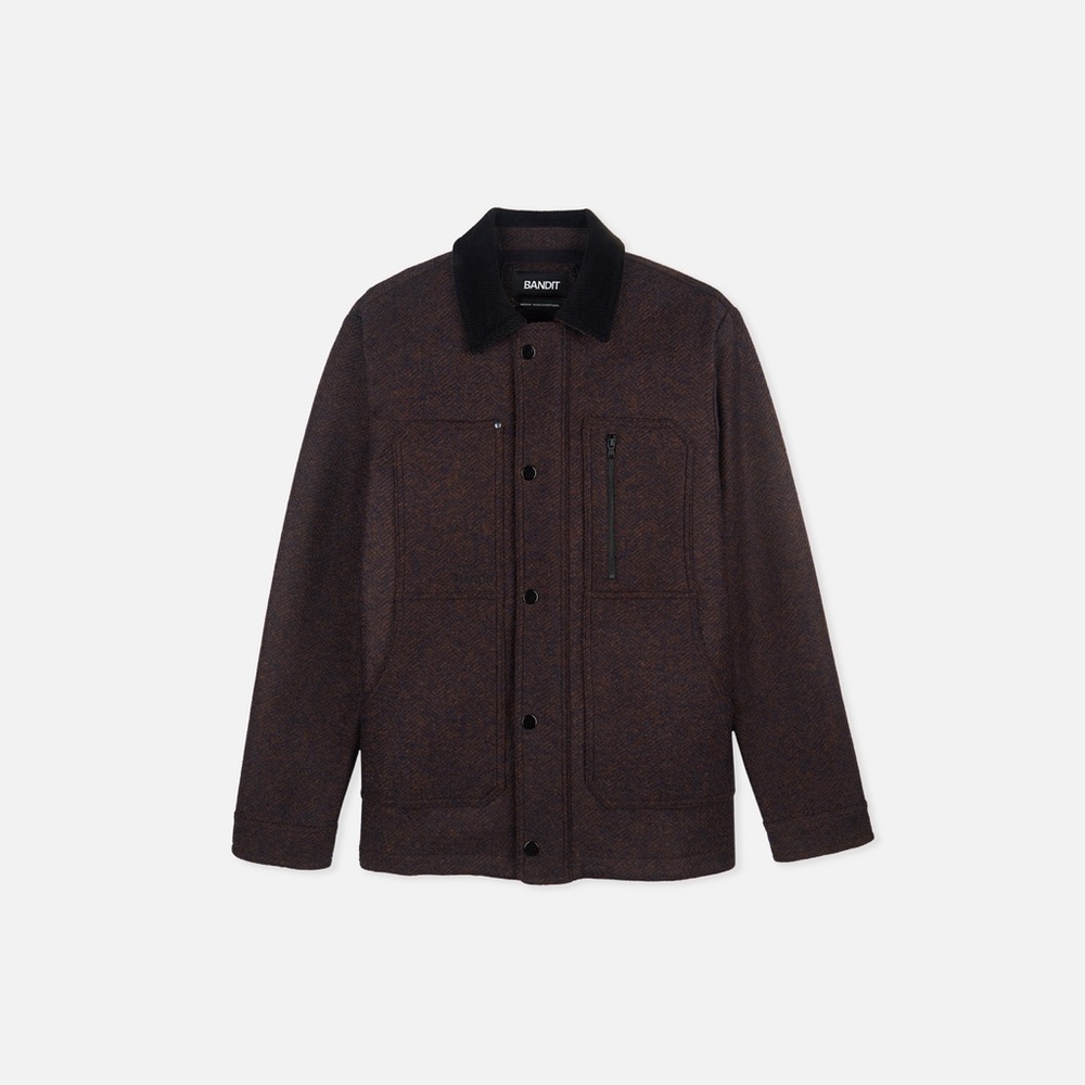 Bandit Running THE OFF TRACK HERRINGBONE WOOL JACKET, UNISEX - DEEP AMBER BROWN